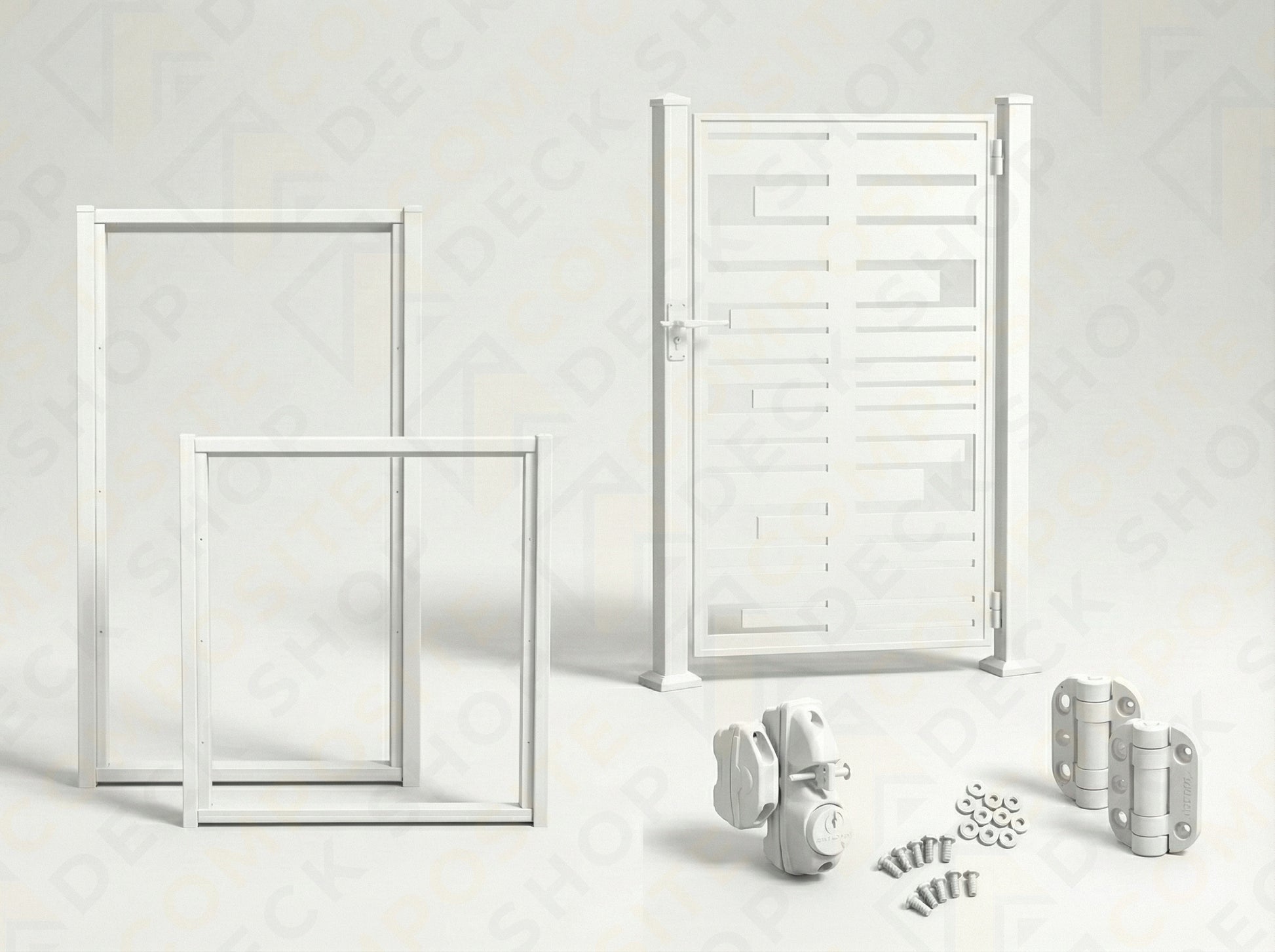 White metal Gate Set kit with frames, hardware, and screws for privacy screen installation on a light background.