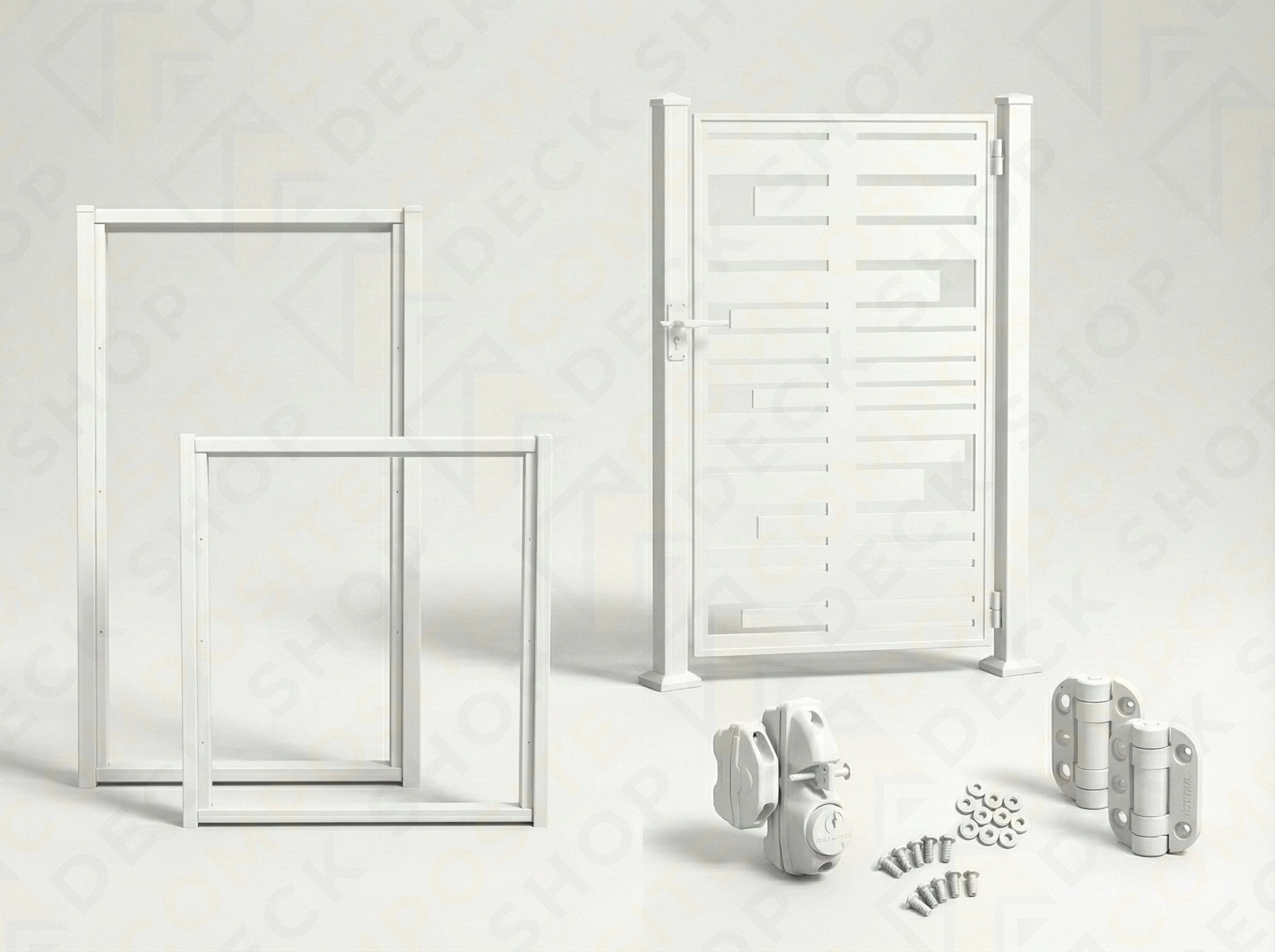 White metal Gate Set kit with frames, hardware, and screws for privacy screen installation on a light background.