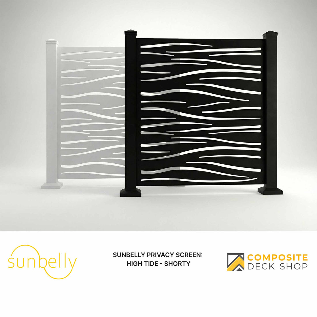 Sunbelly privacy screen with wavy pattern on a white background, featuring Composite Deck Shop branding.
