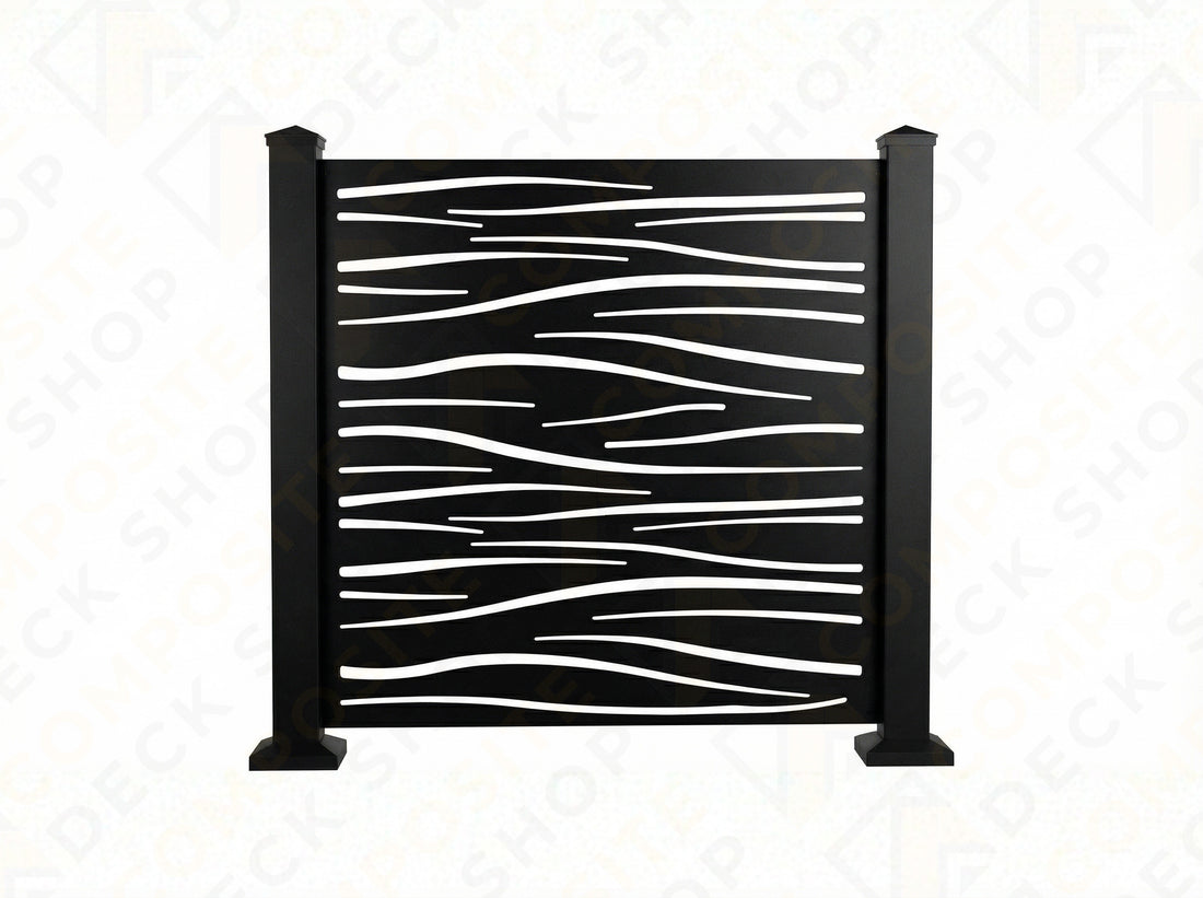 Sunbelly privacy screen with wavy pattern on a white background, featuring Composite Deck Shop branding.