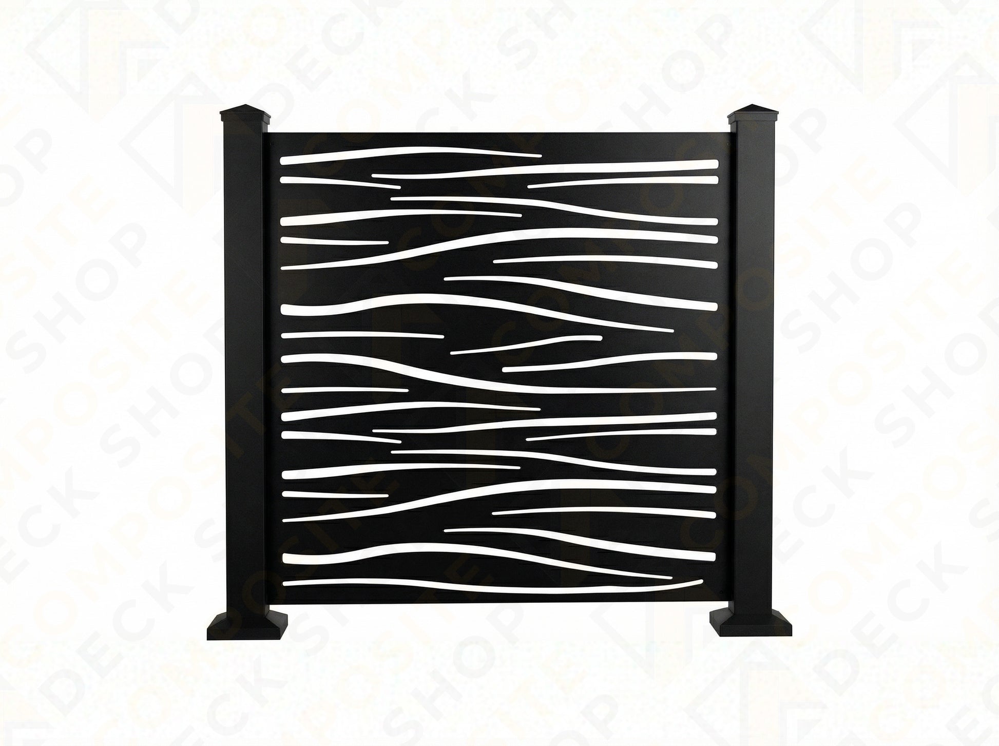 Black metal decorative screen with wavy pattern on a white background