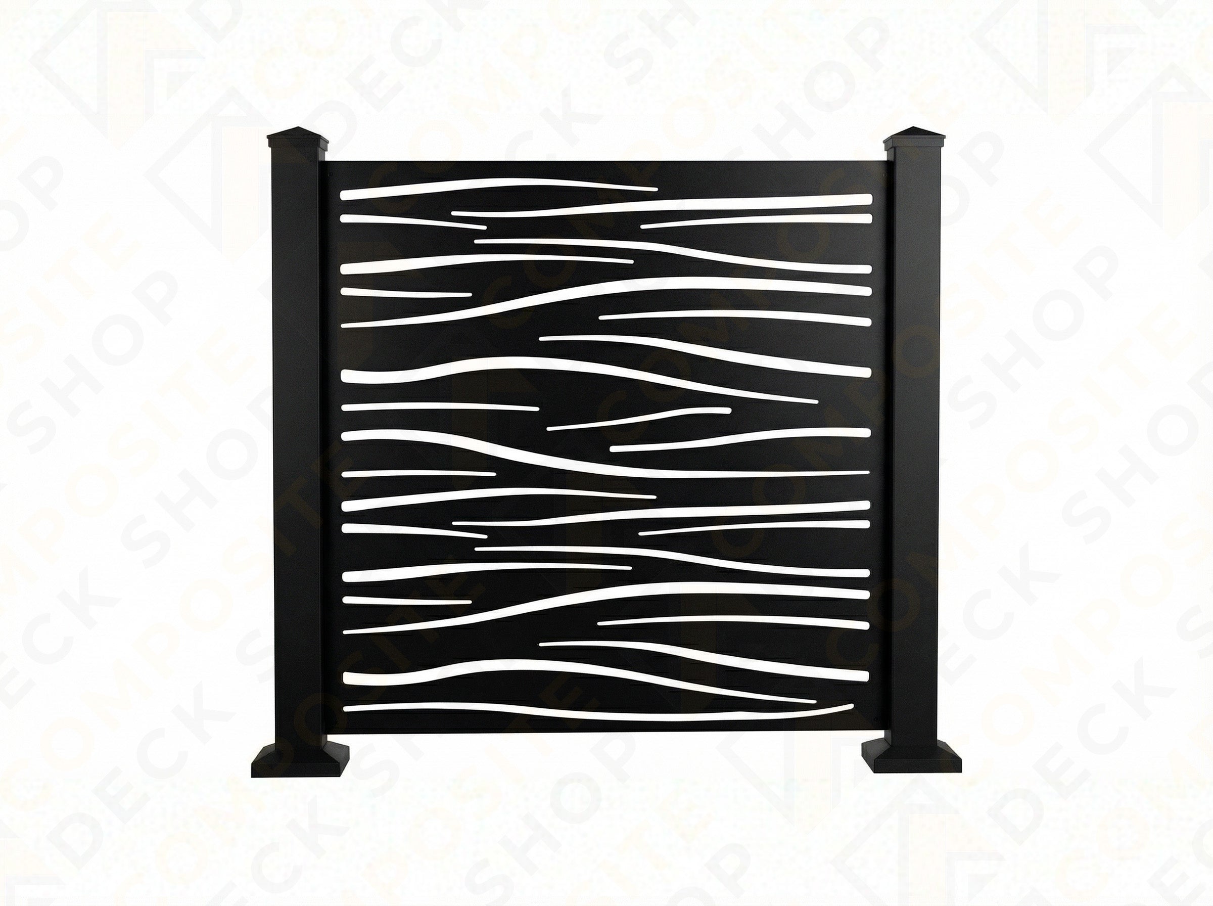 Black metal decorative screen with wavy pattern on a white background