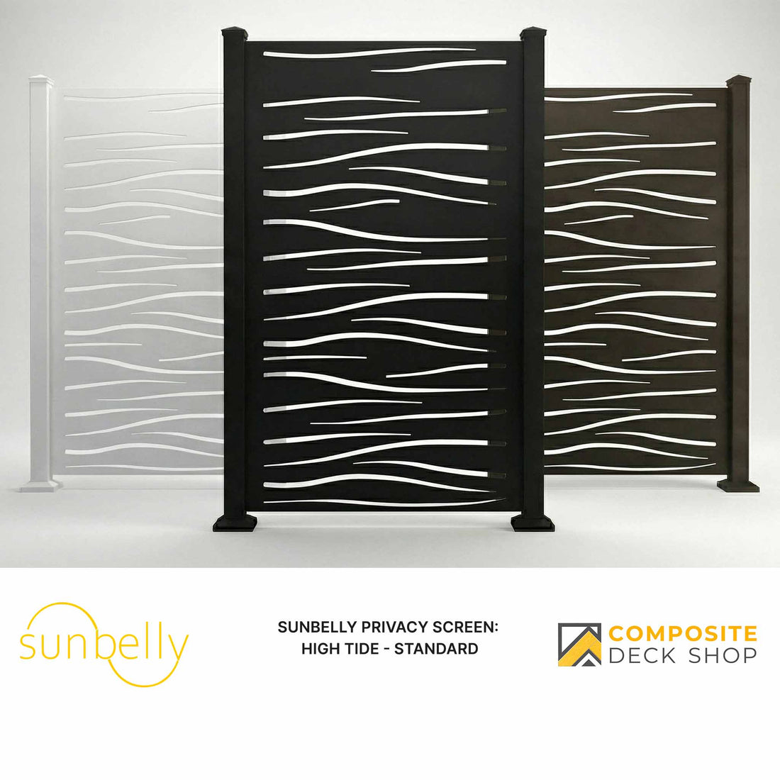 Three laser-cut panels in white, gray, and black for a modern look. Sunbelly and Composite Deck Shop logos below.