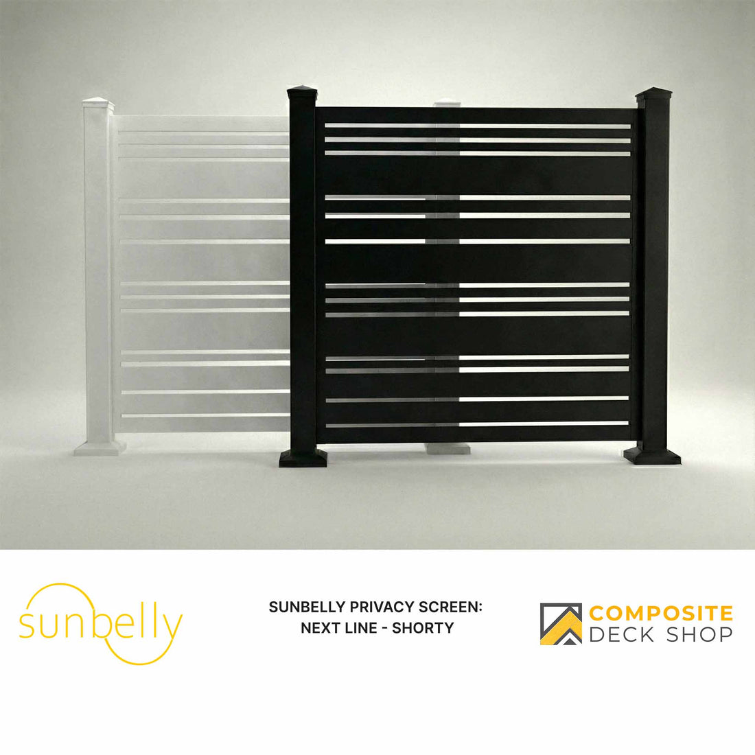 A black powder-coated aluminum privacy screen with horizontal slats stands beside its semi-transparent white outdoor panel.