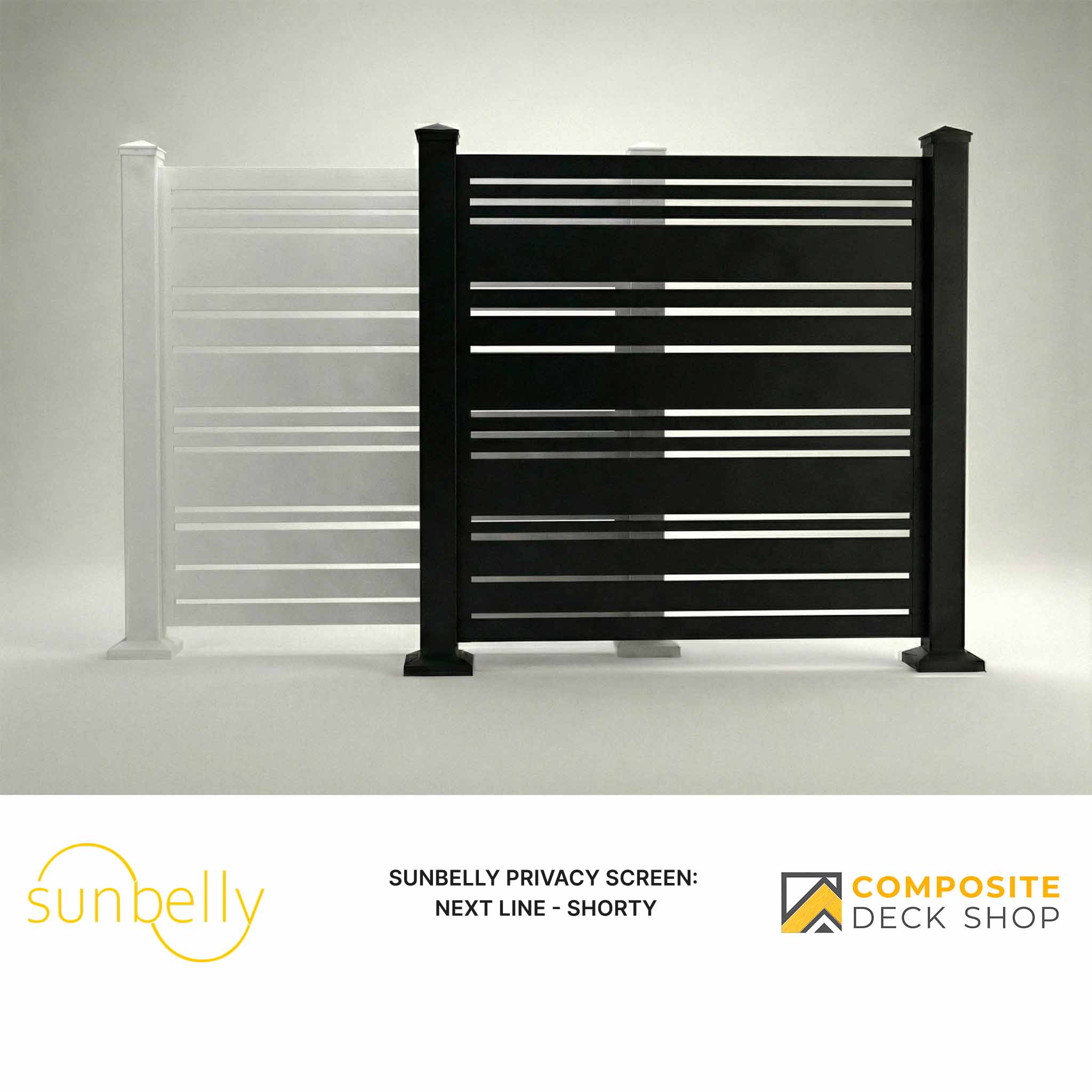 A black powder-coated aluminum privacy screen with horizontal slats stands beside its semi-transparent white outdoor panel.