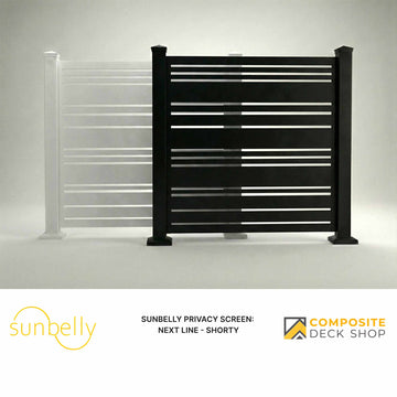 A black powder-coated aluminum privacy screen with horizontal slats stands beside its semi-transparent white outdoor panel.