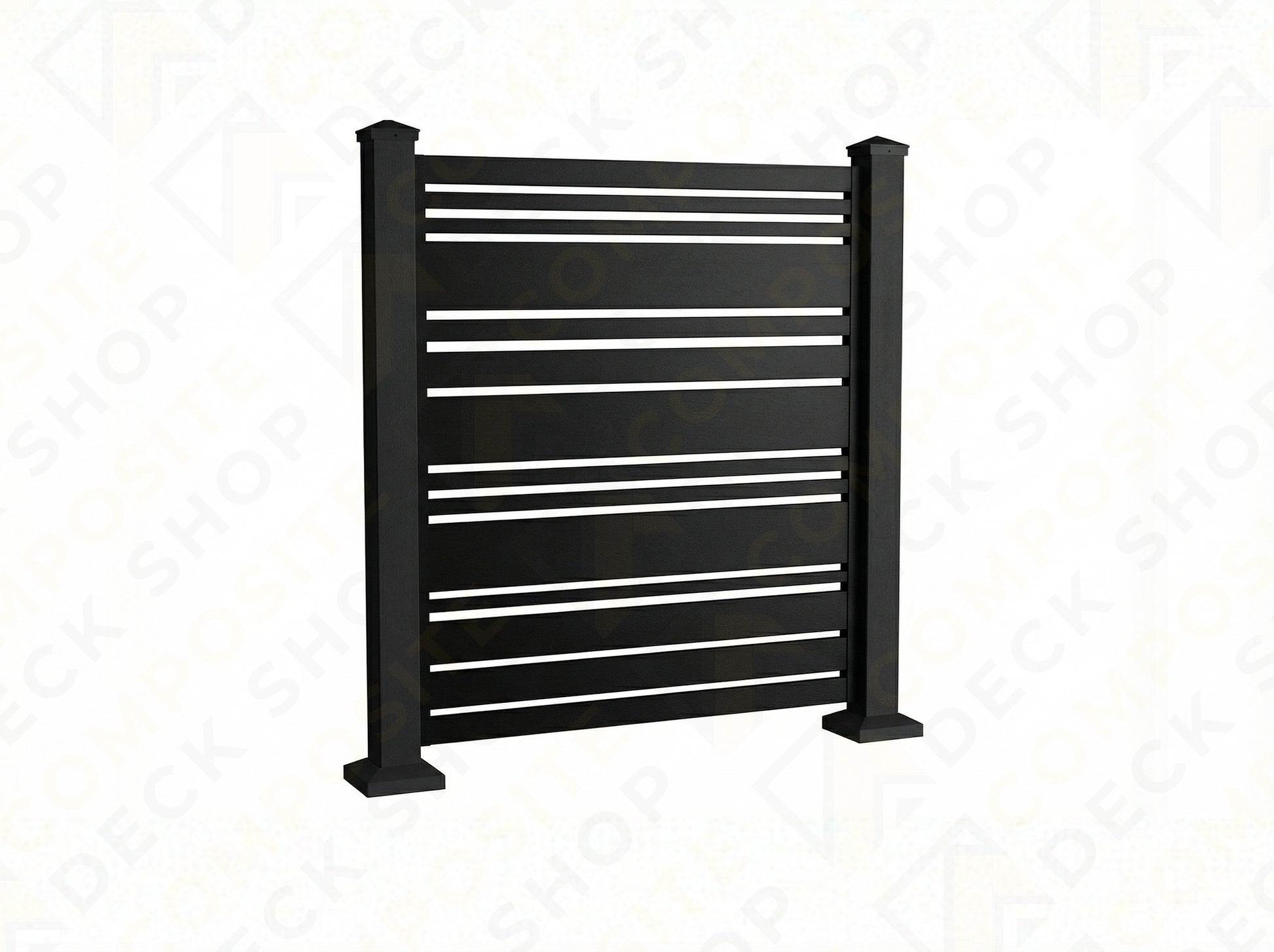 Black powder-coated aluminum privacy screen fence panel with two posts, perfect for stylish outdoor spaces.