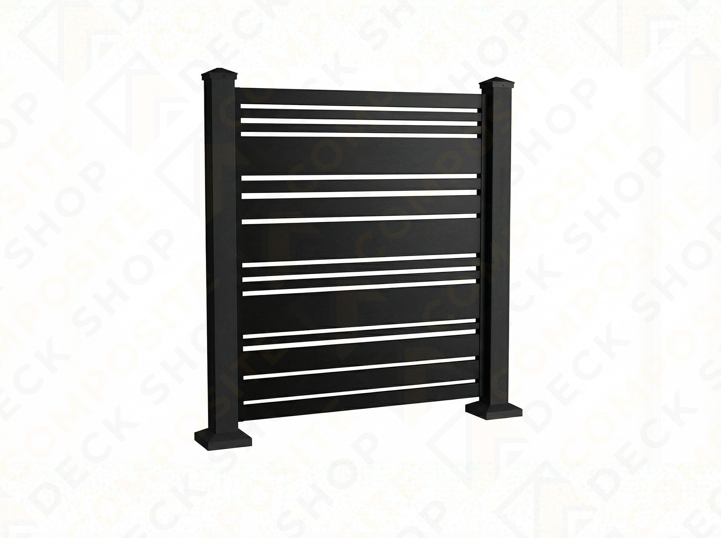 Black powder-coated aluminum privacy screen fence panel with two posts, perfect for stylish outdoor spaces.
