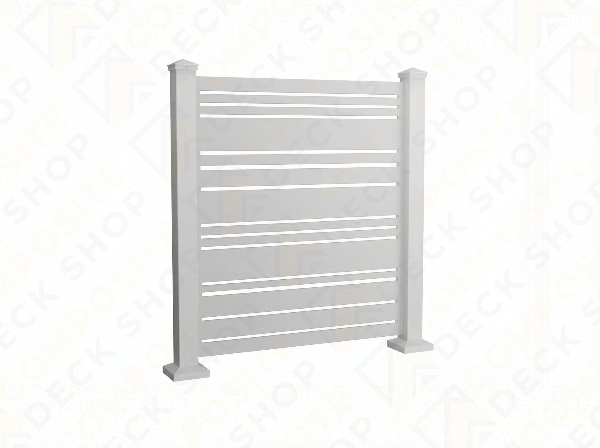 White outdoor privacy panel with horizontal slats between two square posts on a plain background.