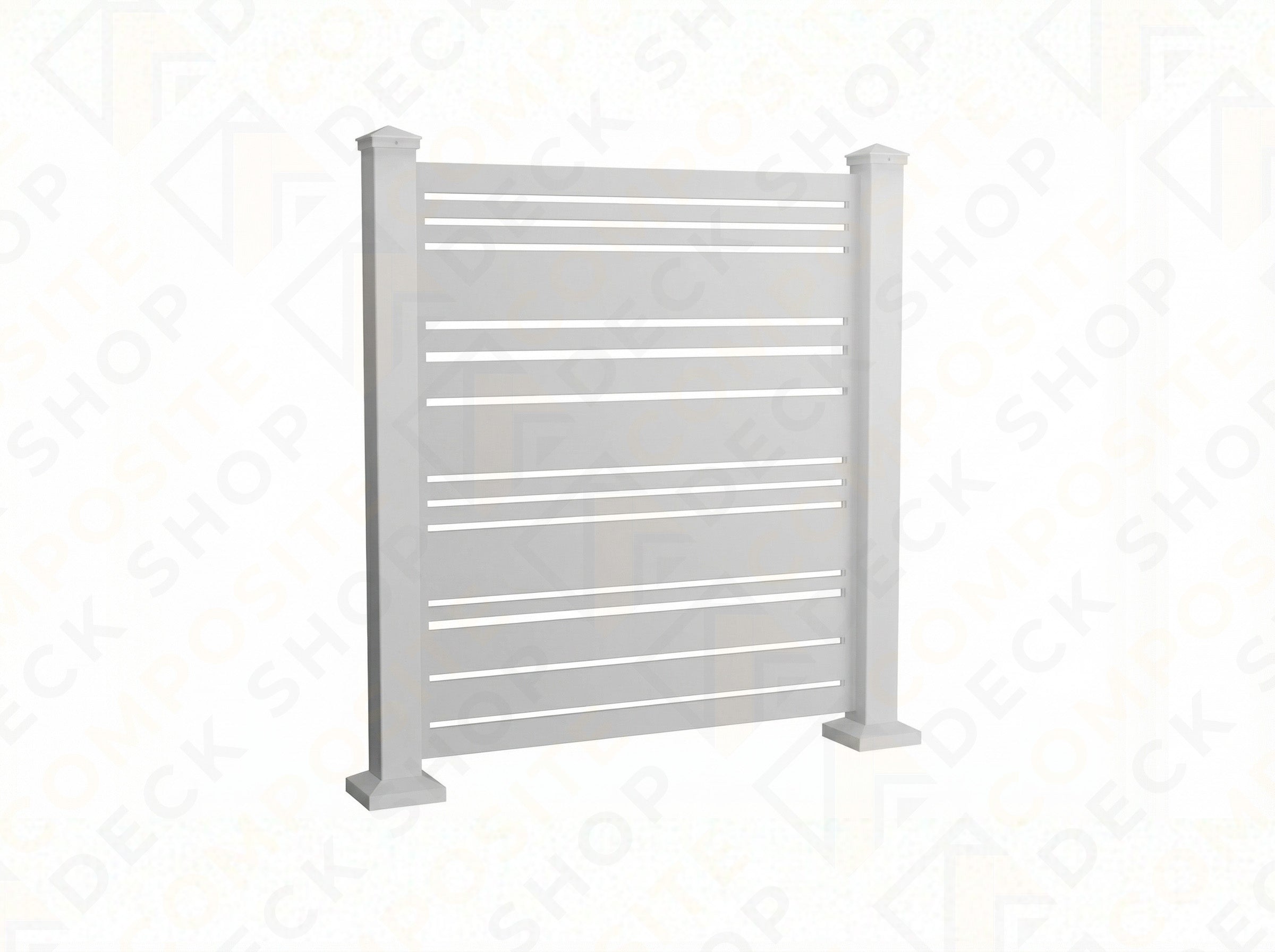 White outdoor privacy panel with horizontal slats between two square posts on a plain background.