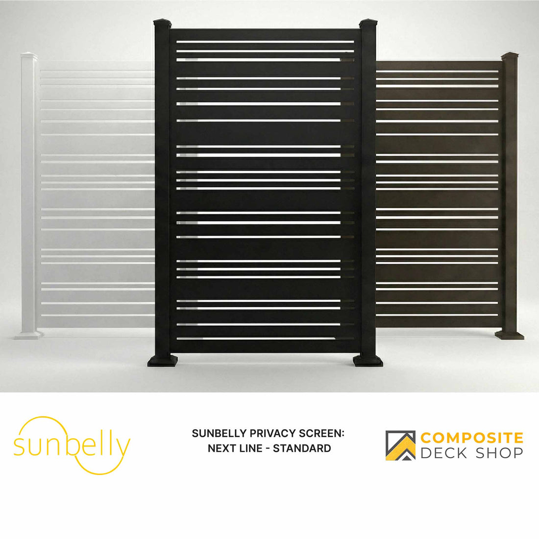 Three contemporary architectural aluminum privacy screens in white, black, and brown, displayed side by side on a plain background.