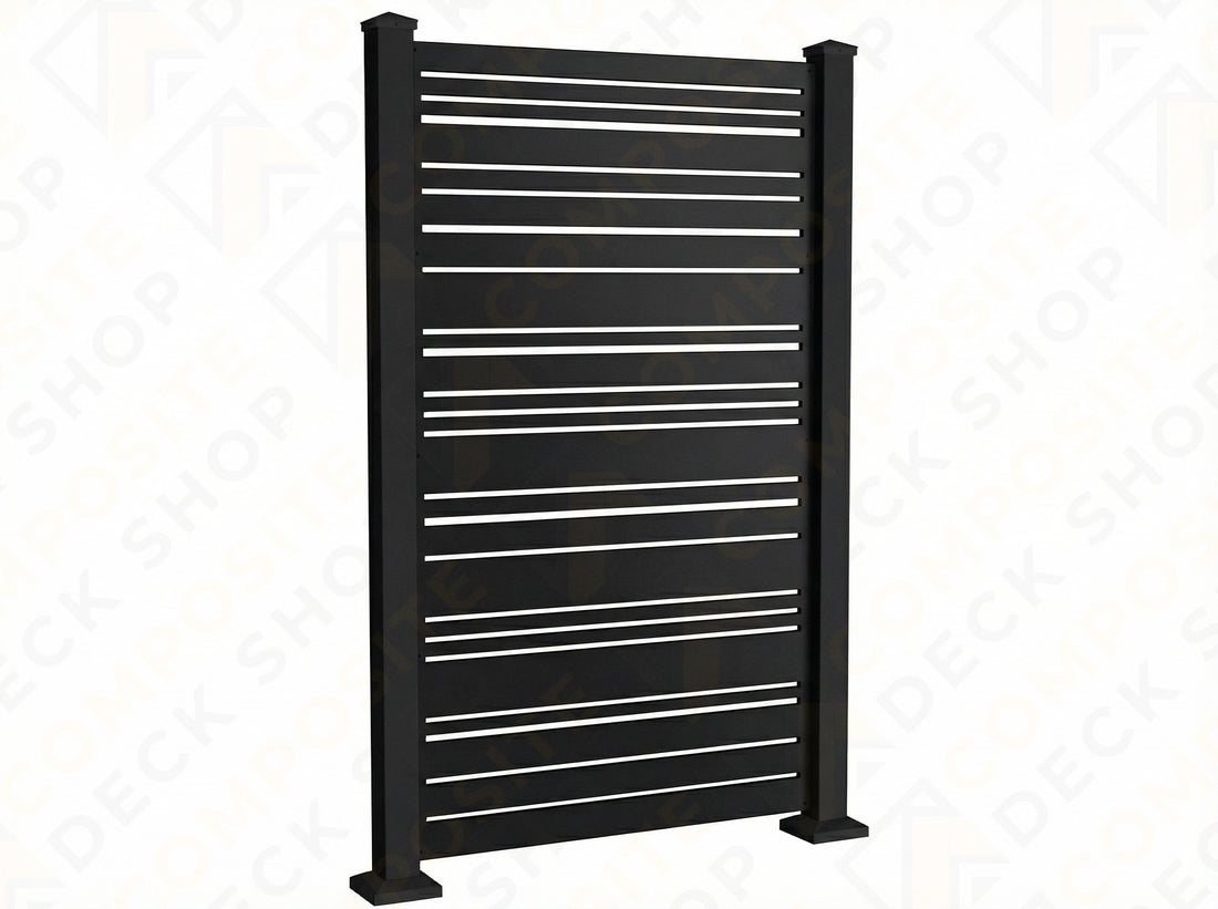 Three contemporary architectural aluminum privacy screens in white, black, and brown, displayed side by side on a plain background.