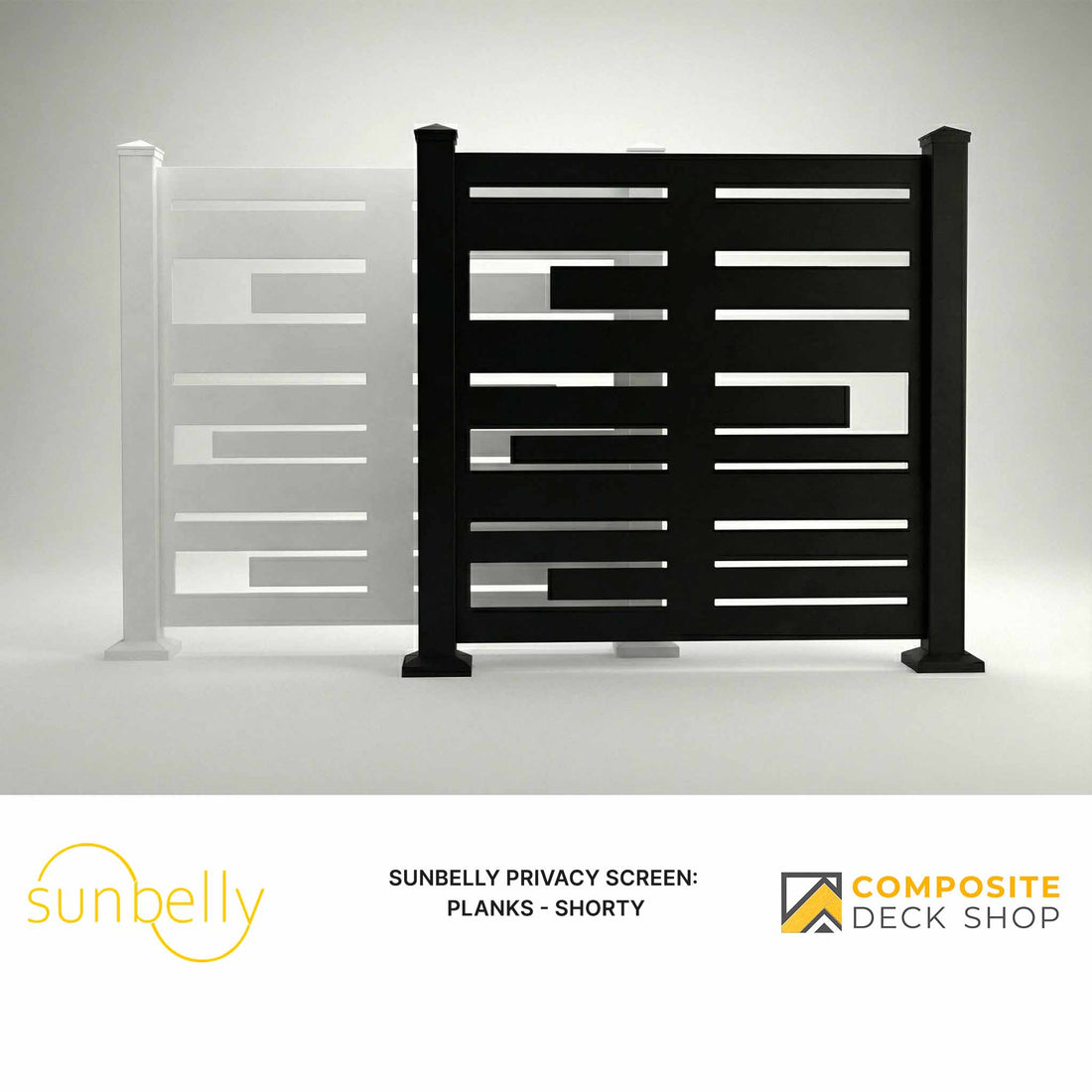 Black privacy screen with geometric design on a white background, featuring Sunbelly and Composite Deck Shop logos.