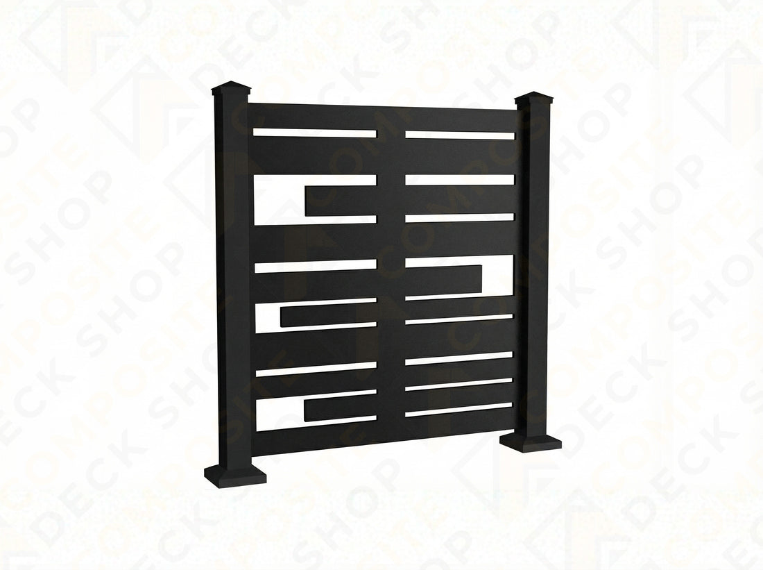 Black privacy screen with geometric design on a white background, featuring Sunbelly and Composite Deck Shop logos.