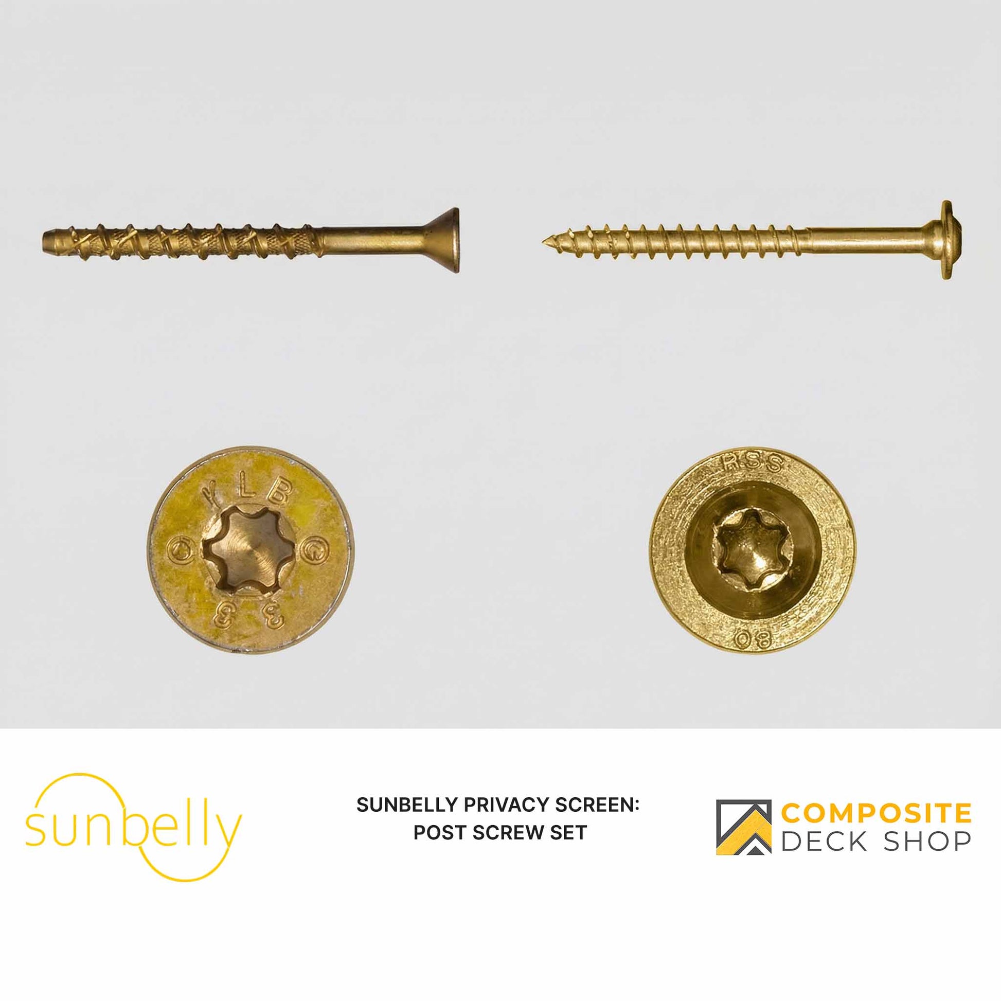 Two gold-colored screws shown from side and top views, labeled as a Post Installation Screw Set for Sunbelly Privacy Screen.