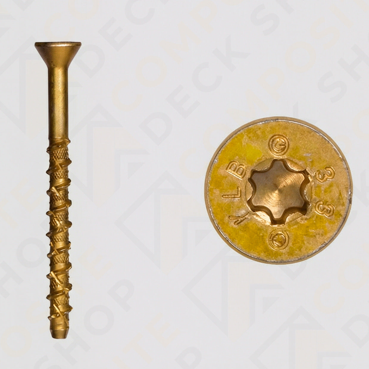 A brass post screw set shown from the side and top, ideal for Sunbelly Privacy Screen post installation projects.