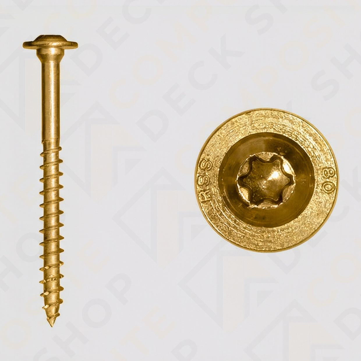 A gold-colored Post Screw Set shown from the side and top, ideal for Sunbelly Privacy Screen post installation.