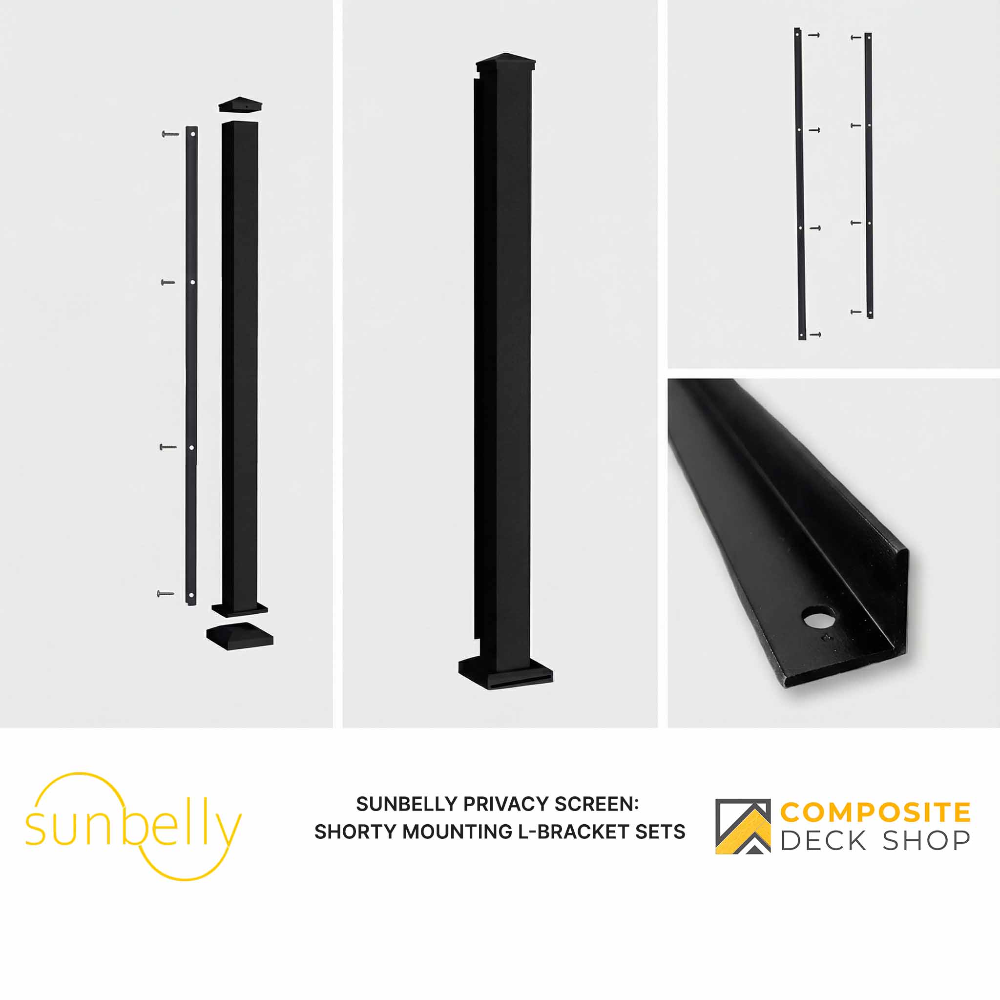 Black metal Sunbelly Privacy Screen Mounting L-Bracket Sets in powder-coated aluminum, shown from various angles with branding.