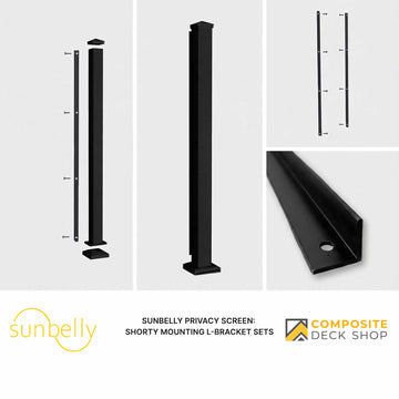 Black metal Sunbelly Privacy Screen Mounting L-Bracket Sets in powder-coated aluminum, shown from various angles with branding.