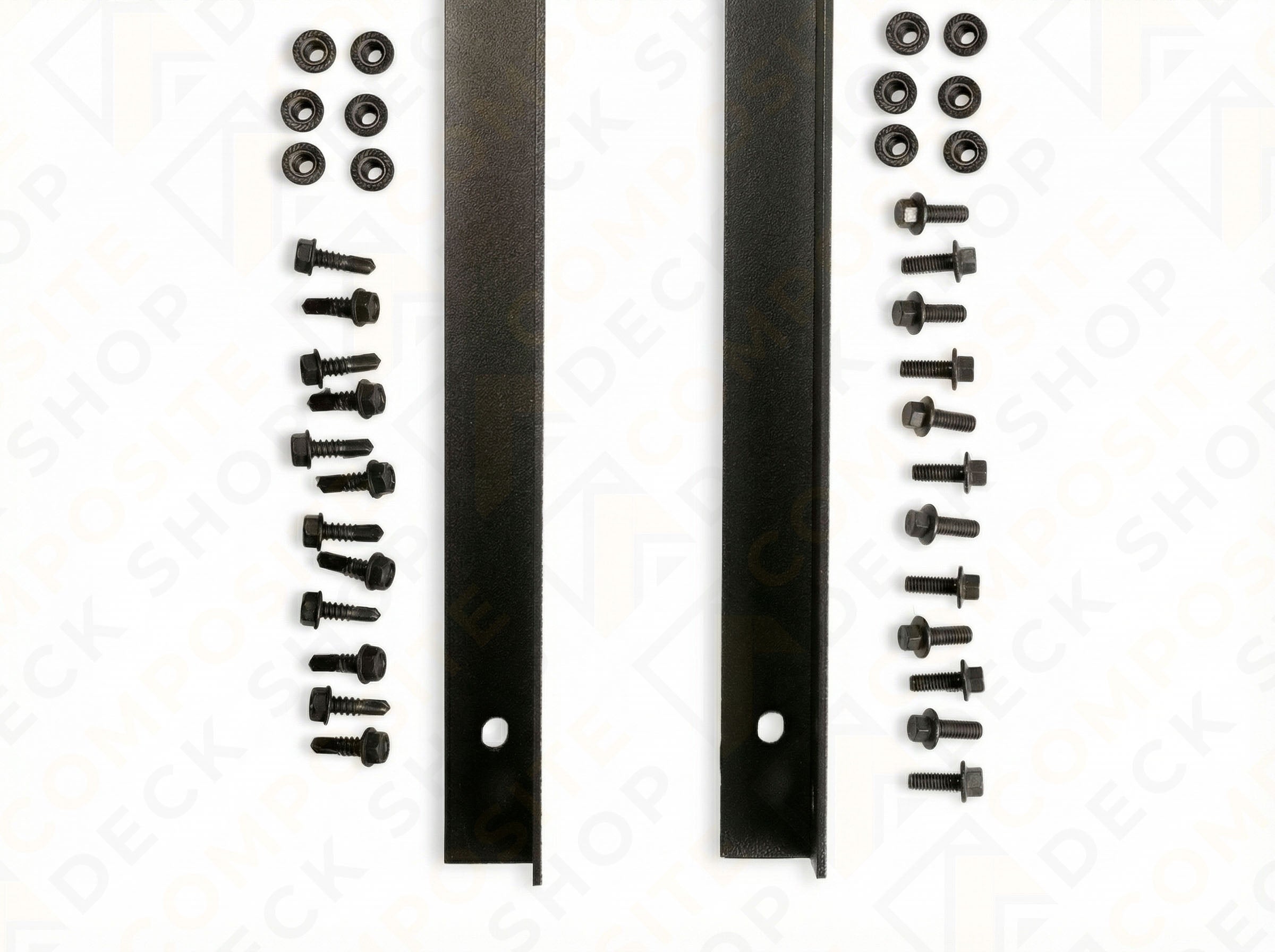 Two powder-coated aluminum Shorty Mounting L-Brackets with assorted screws, nuts, and washers on a white background.