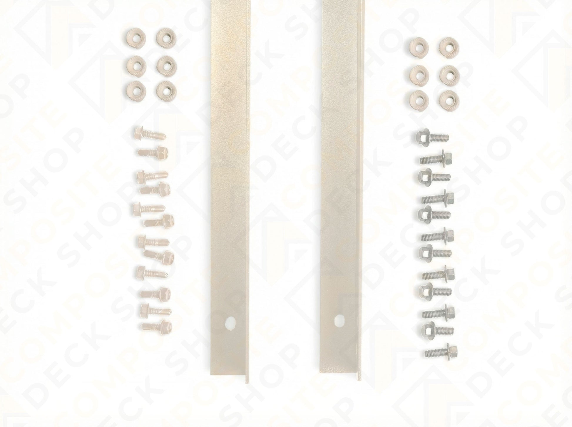 Two powder-coated aluminum strips with holes are flanked by bolts, nuts, and washers on a white background.