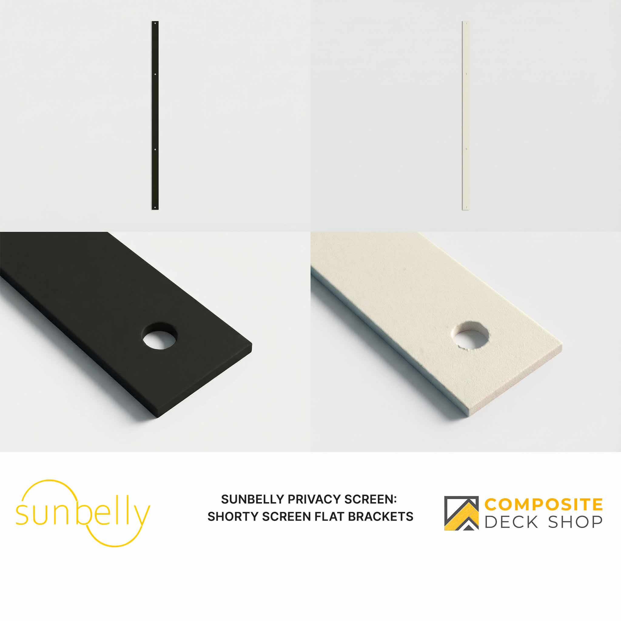 Two powder-coated aluminum flat brackets in black and ivory, designed for Sunbelly Privacy Screen installation.