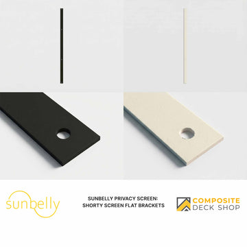 Two powder-coated aluminum flat brackets in black and ivory, designed for Sunbelly Privacy Screen installation.