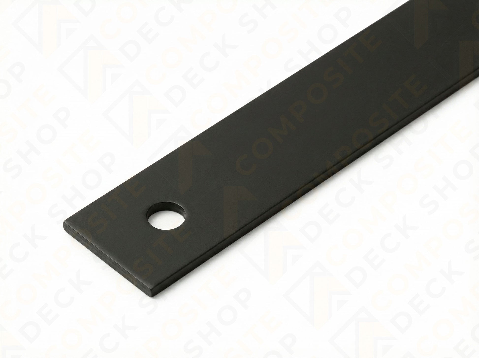 A powder-coated aluminum flat bracket with a hole near one end, shown on a white background.