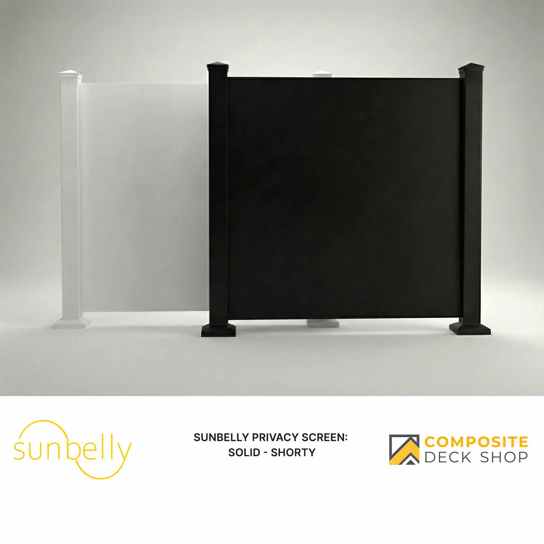 Two modern privacy panels—one frosted white, one solid black—are displayed side by side on a plain background.