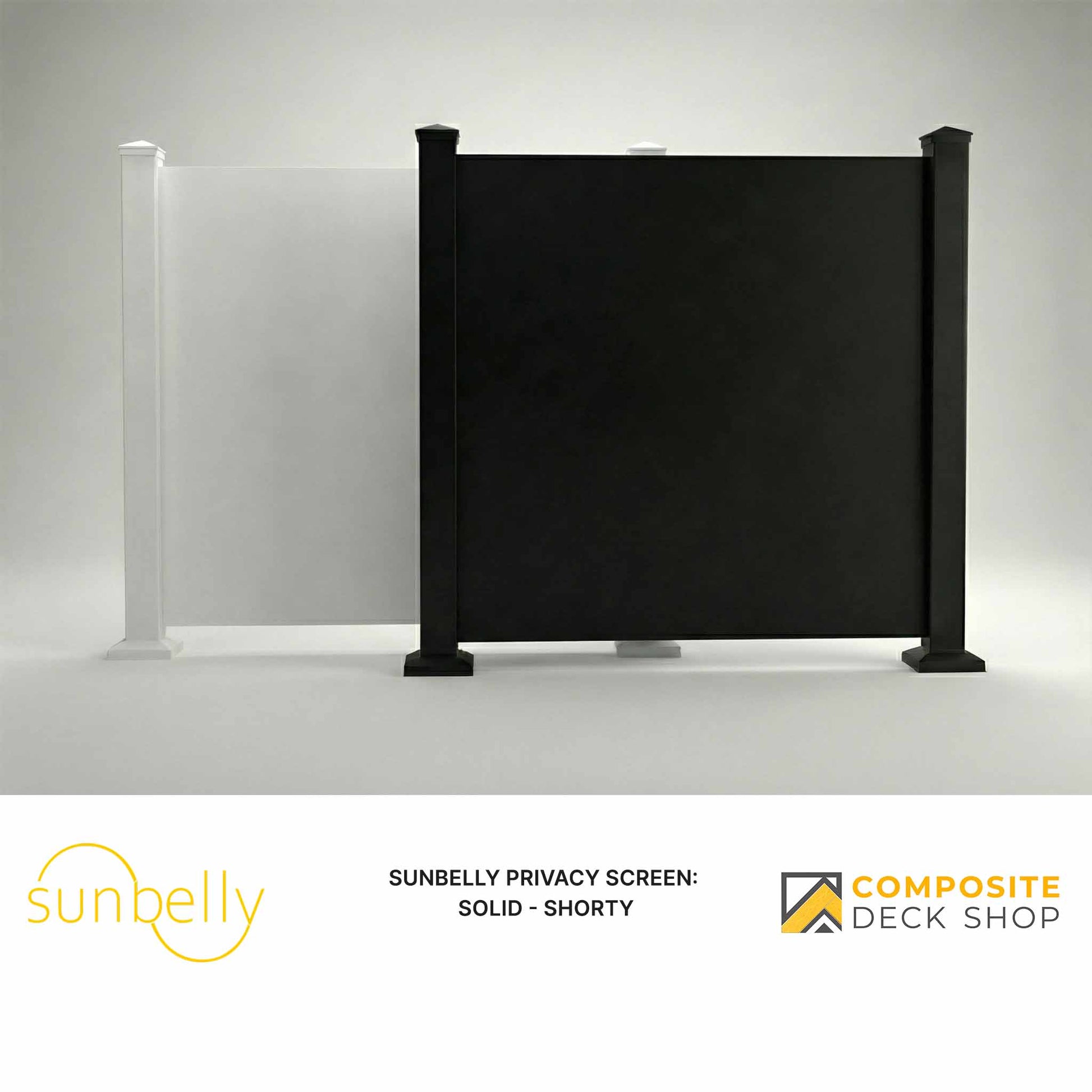 Two modern privacy panels—one frosted white, one solid black—are displayed side by side on a plain background.