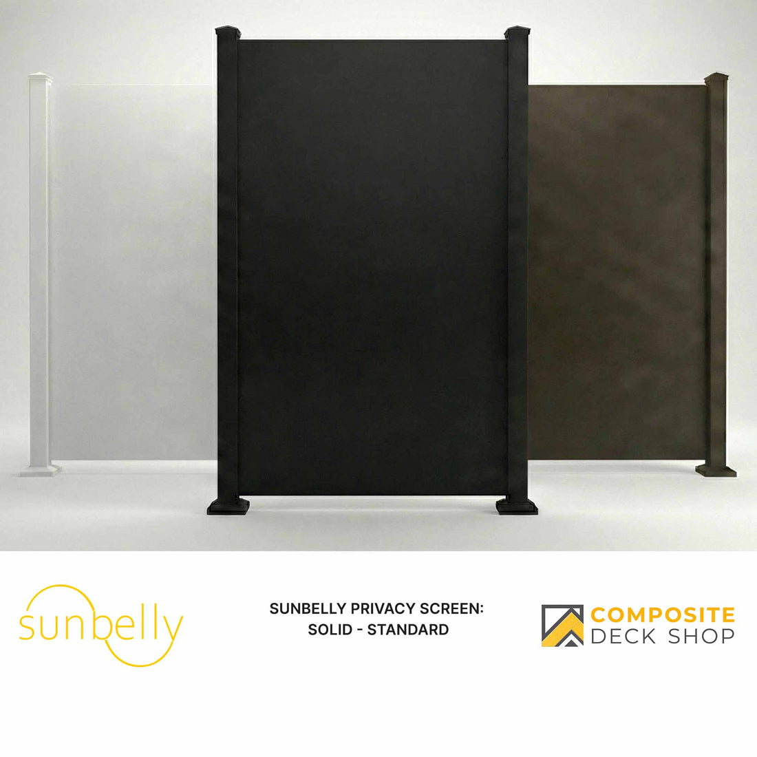 Three Sunbelly aluminum privacy screens in white, black, and brown offer a contemporary architectural appearance.