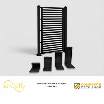 Black metal Sunbelly Privacy Screen with four screen spacers, ideal for versatile installation layouts; logos shown below.