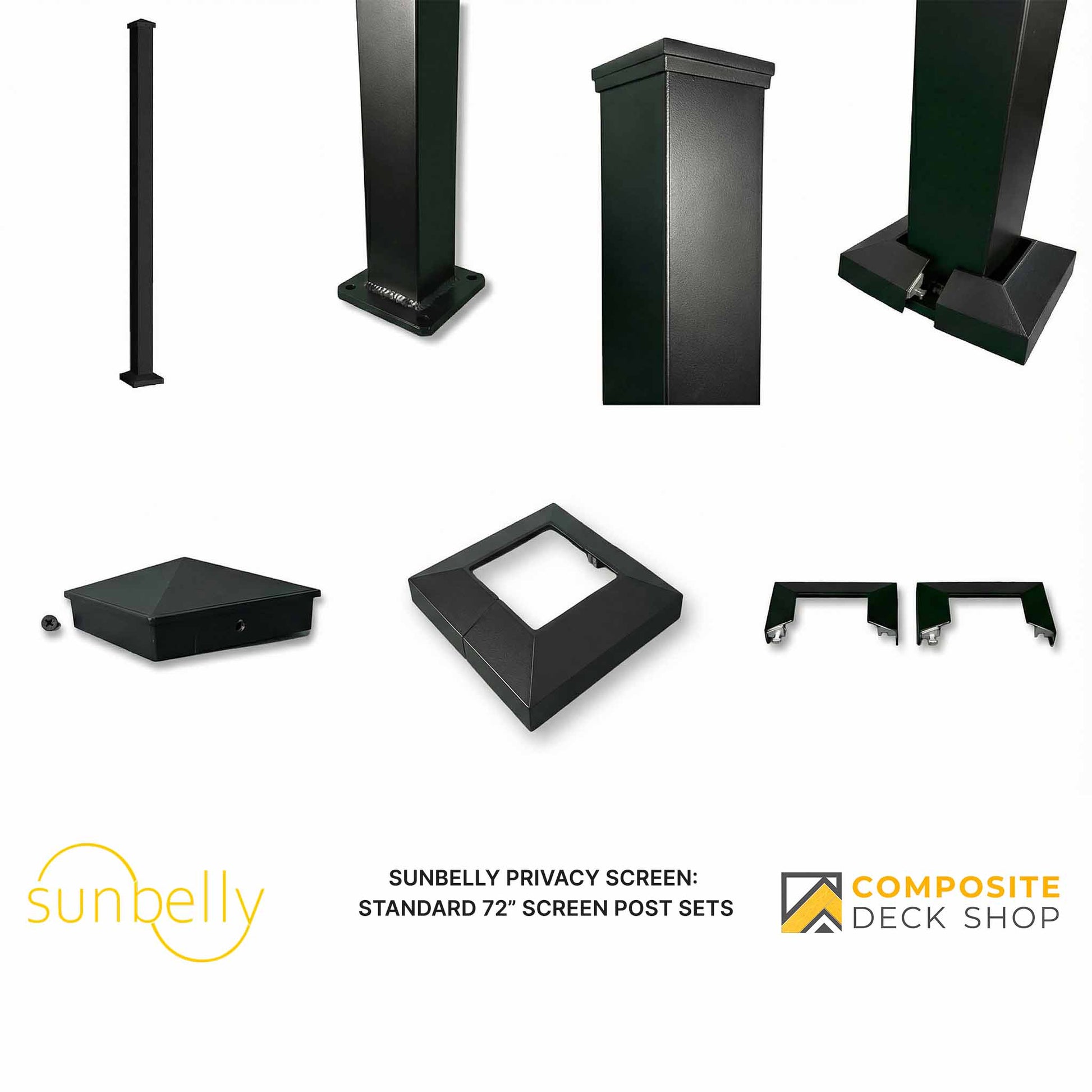 Sunbelly Privacy Screen post sets in powder-coated aluminum, shown with Sunbelly and Composite Deck Shop logos on white background.