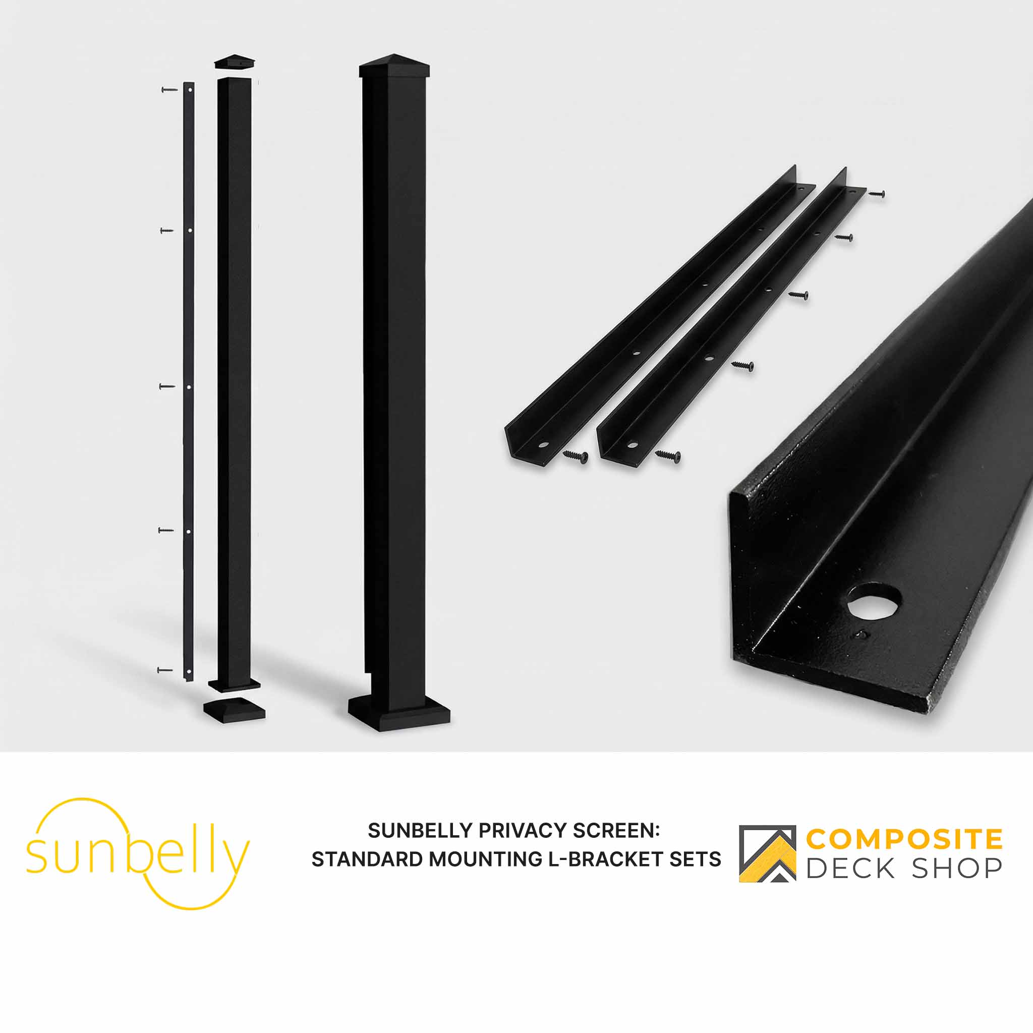 Two black powder-coated aluminum posts and three Mounting L-Brackets with screws for Sunbelly Privacy Screen, on white background.