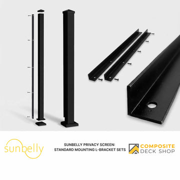 Two black powder-coated aluminum posts and three Mounting L-Brackets with screws for Sunbelly Privacy Screen, on white background.