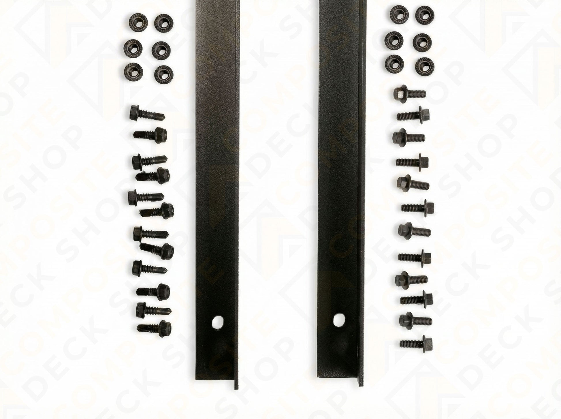 Two powder-coated aluminum mounting L-brackets with screws, nuts, and washers arranged neatly on a white background.
