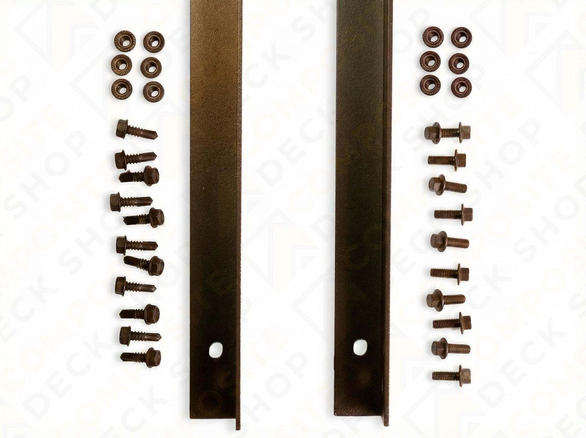 Two powder-coated aluminum mounting L-brackets with screws and washers, arranged neatly for Sunbelly Privacy Screen installation.