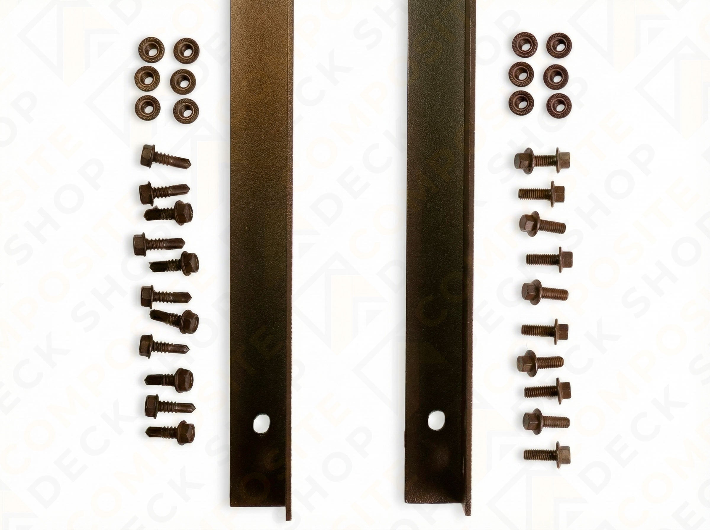Two powder-coated aluminum mounting L-brackets with screws and washers, arranged neatly for Sunbelly Privacy Screen installation.