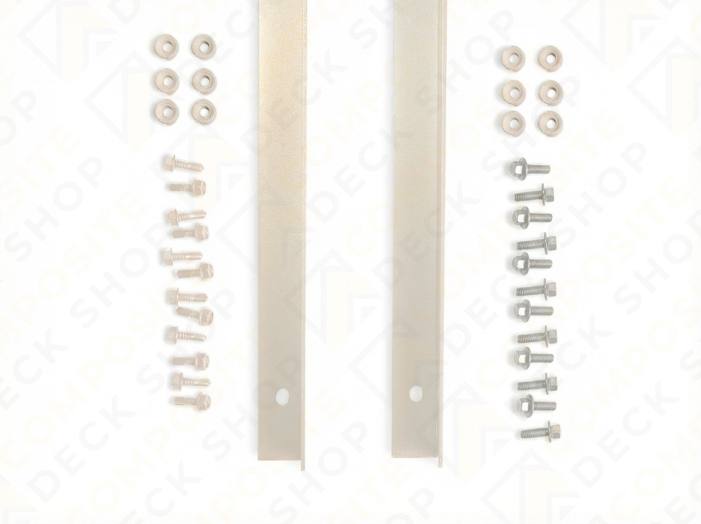 Two powder-coated aluminum mounting L-bracket sets with assorted bolts, nuts, and washers, ideal for Sunbelly Privacy Screen.