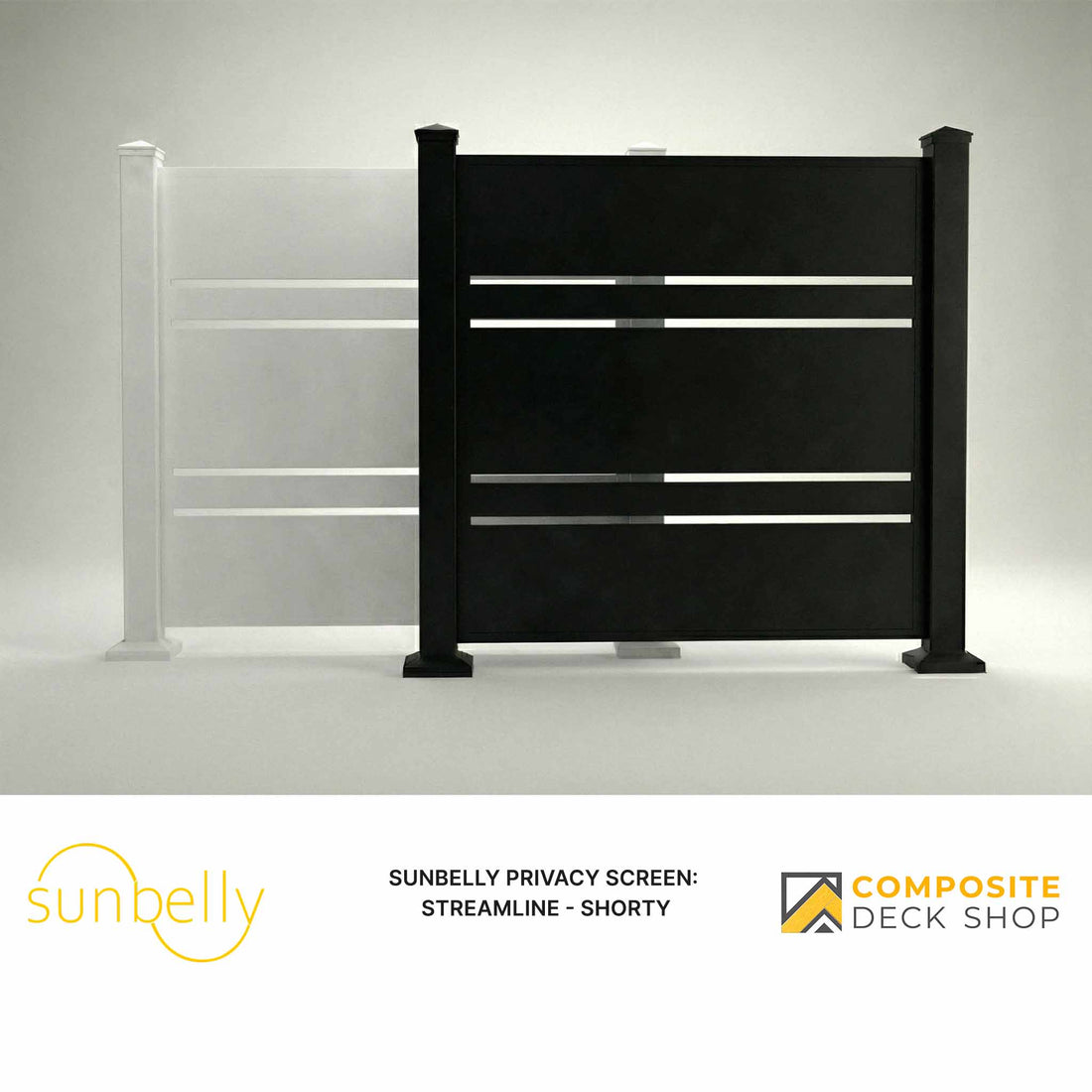 Two privacy screens—one frosted, one black with horizontal cutouts—make a stylish outdoor privacy panel solution.