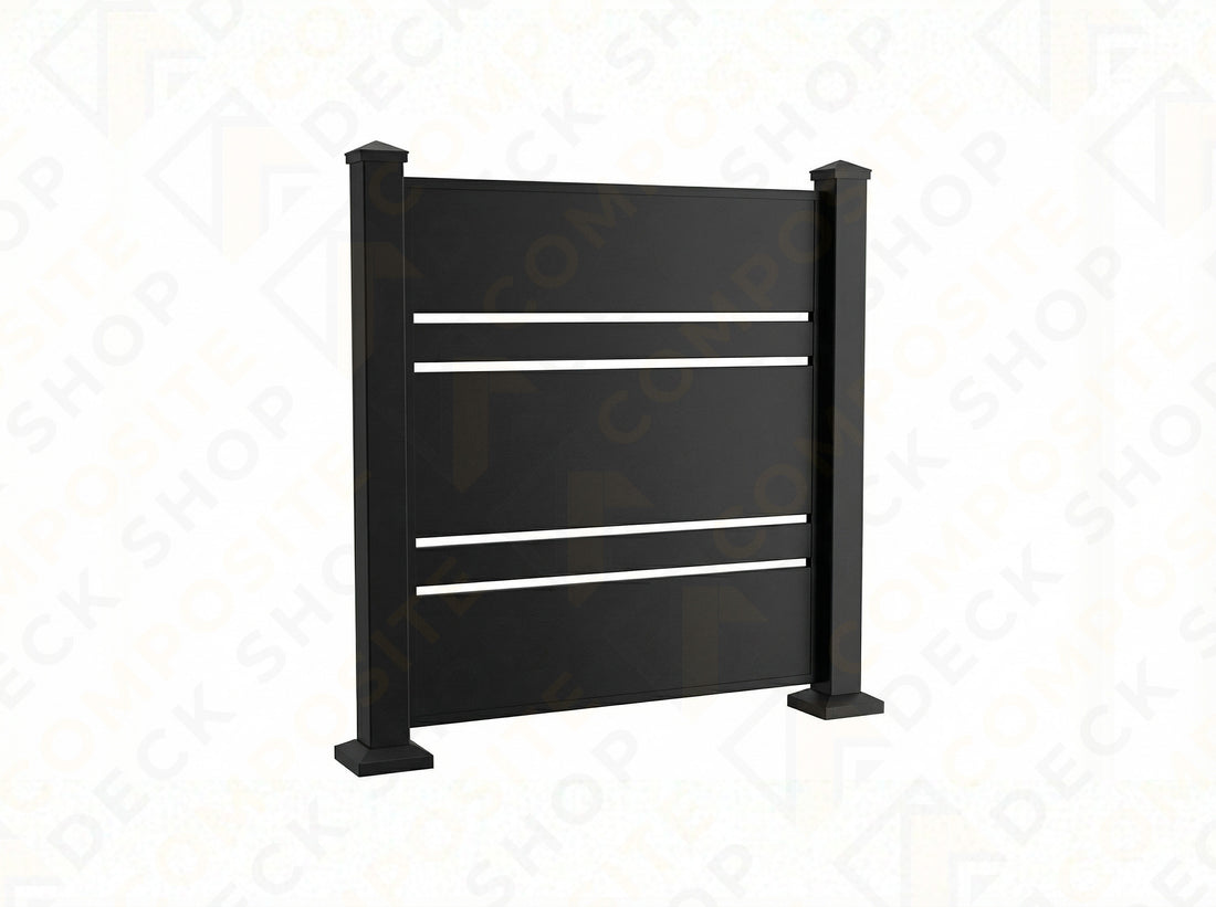 Two privacy screens—one frosted, one black with horizontal cutouts—make a stylish outdoor privacy panel solution.