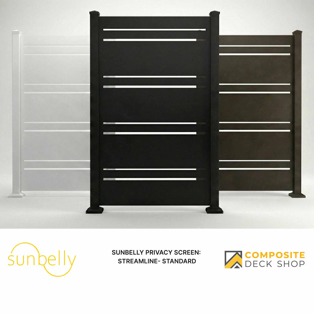 Three Sunbelly aluminum privacy screens, featuring a modern architectural aesthetic, in white, black, and brown.
