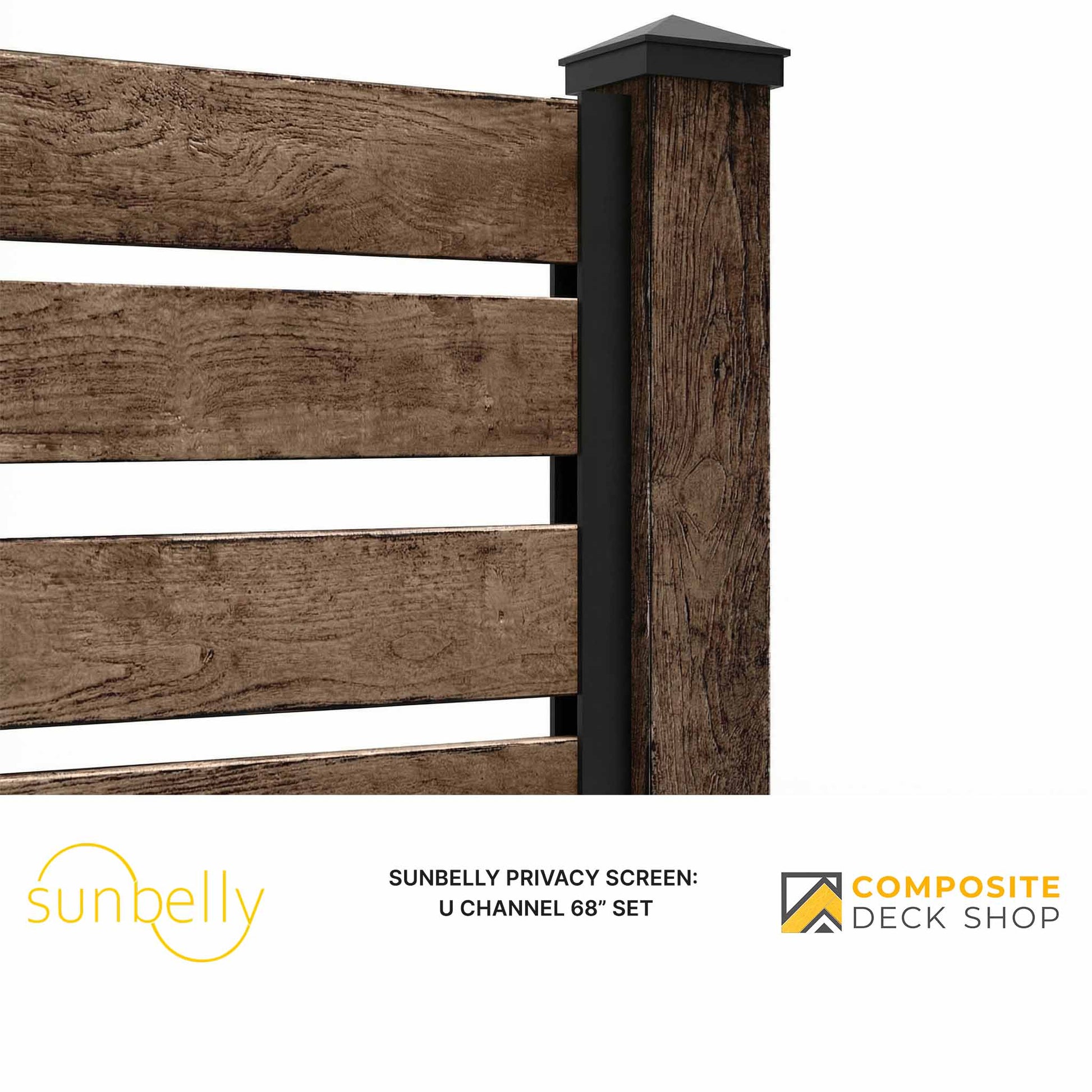 Wooden privacy screen with black U channel on a white background, featuring Sunbelly and Composite Deck Shop logos.