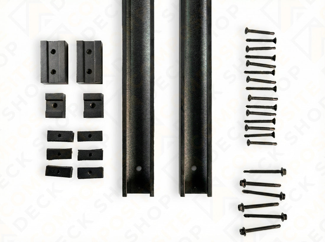 Wooden privacy screen with black U channel on a white background, featuring Sunbelly and Composite Deck Shop logos.