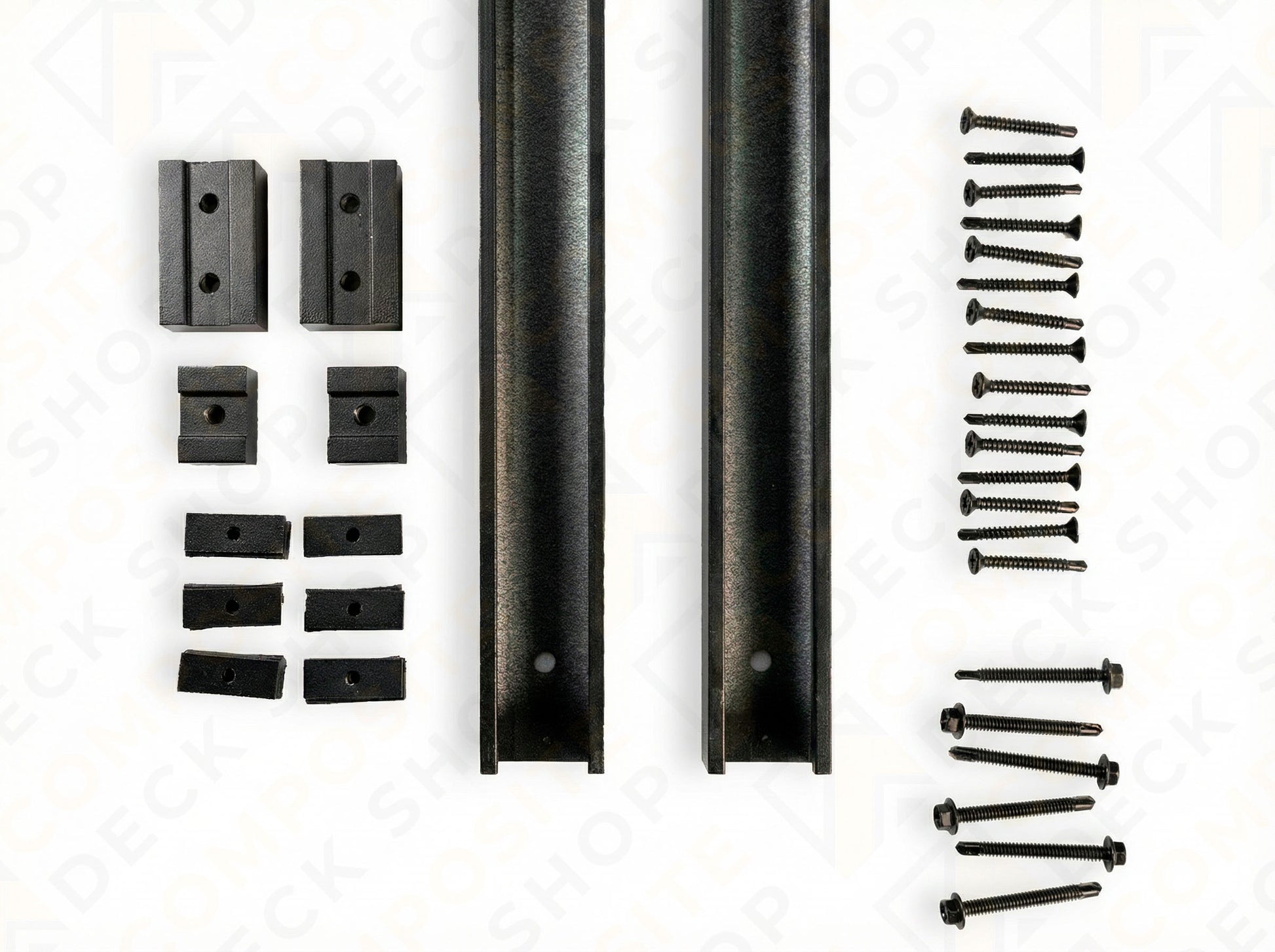 A set of metal rails, U Channel brackets, and assorted screws arranged neatly on a white background.