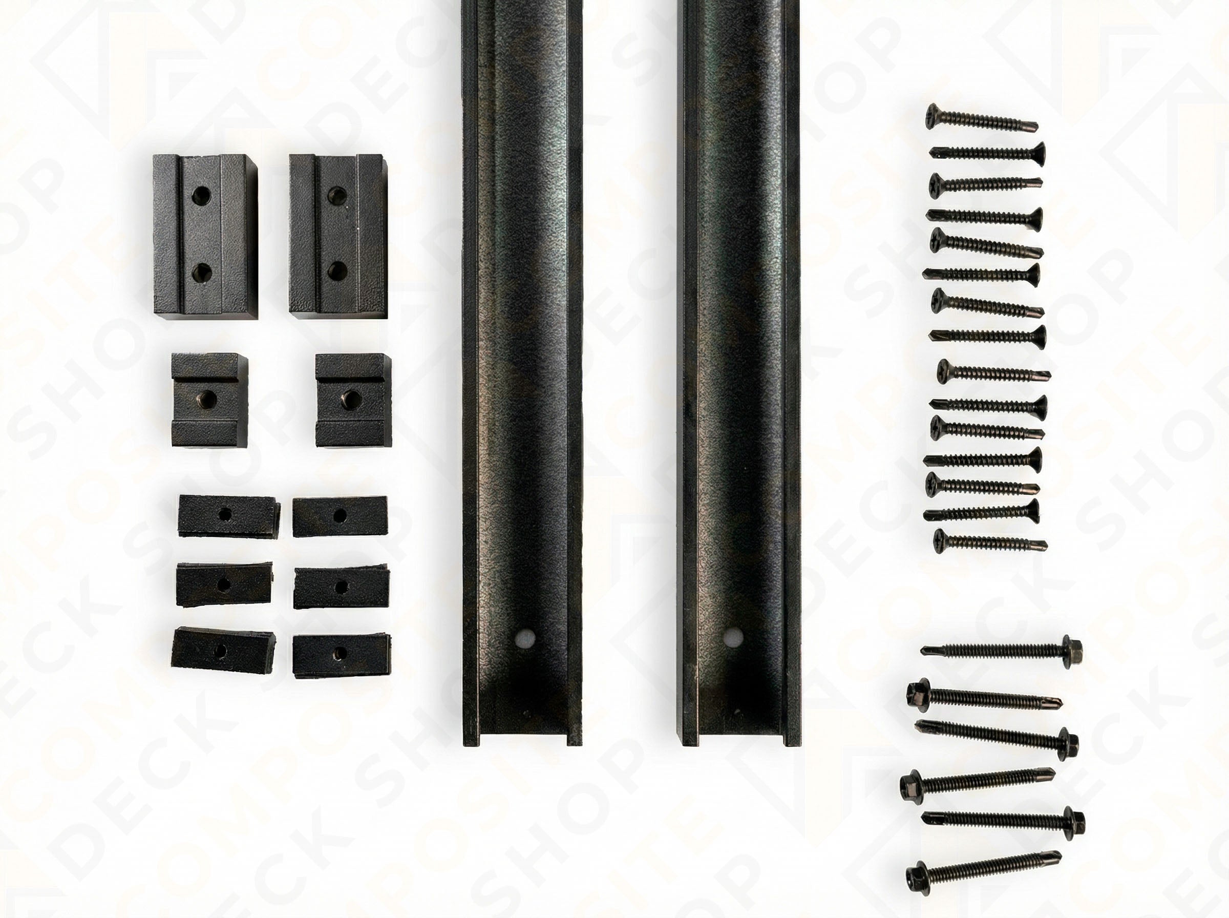 A set of metal rails, U Channel brackets, and assorted screws arranged neatly on a white background.