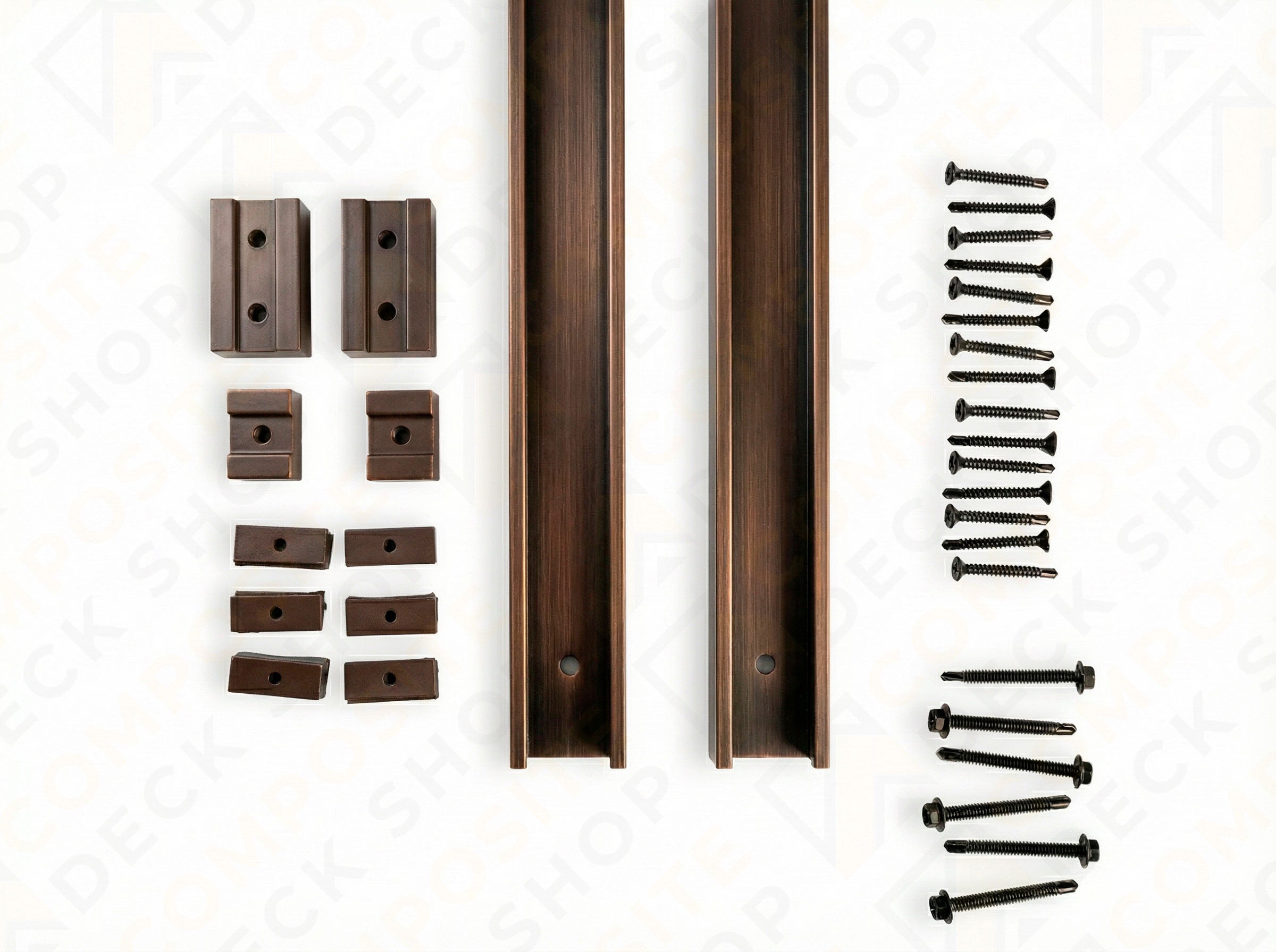 Bronze metal rail kit parts with U channel, brackets, screws, and two rails arranged on a white background.
