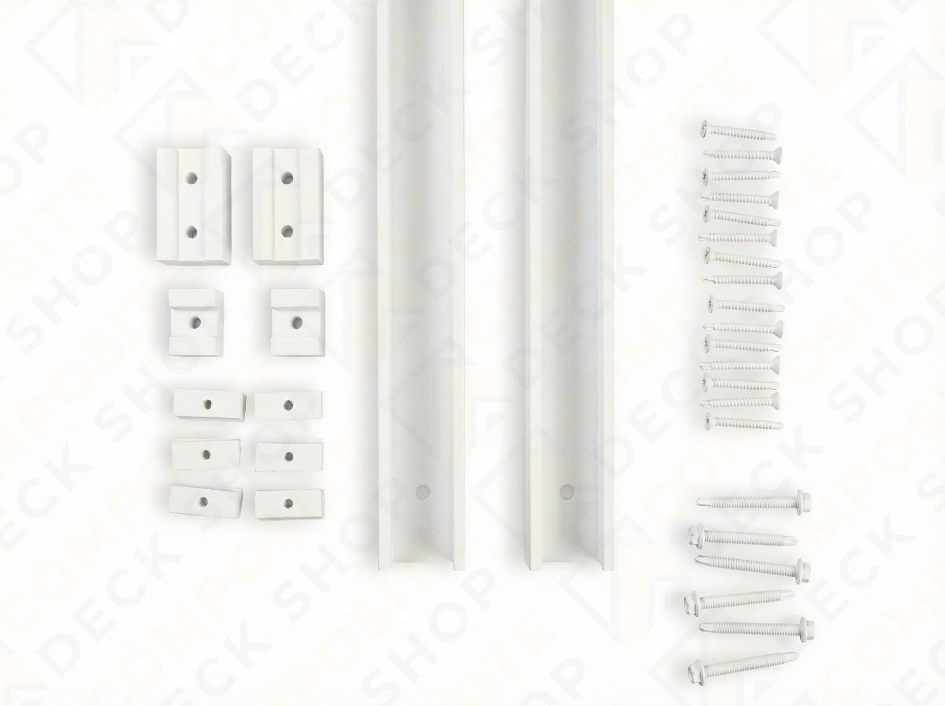 Metal railing hardware kit with U channel, two rails, brackets, and screws arranged on a white background.