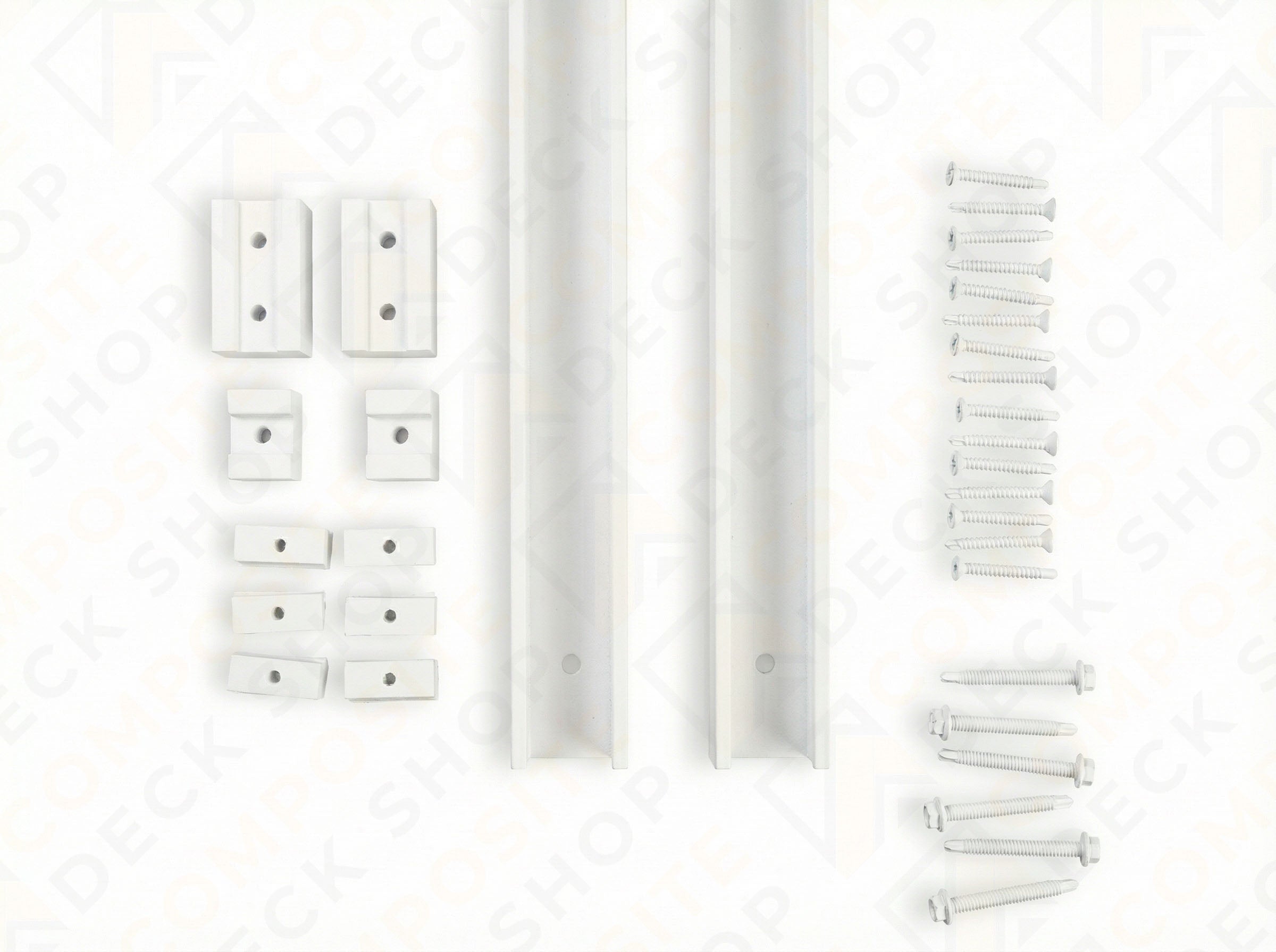 Metal railing hardware kit with U channel, two rails, brackets, and screws arranged on a white background.