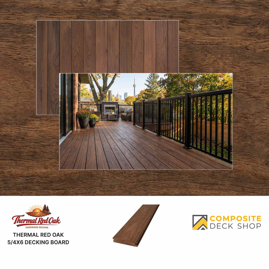 Thermal Red Oak hardwood decking is shown installed on a balcony with planters and outdoor furniture.